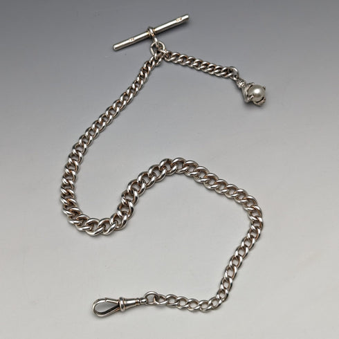 Circa 1910 British Antique Sterling Silver Albert Chain 44g Claw & Bowl Fob
